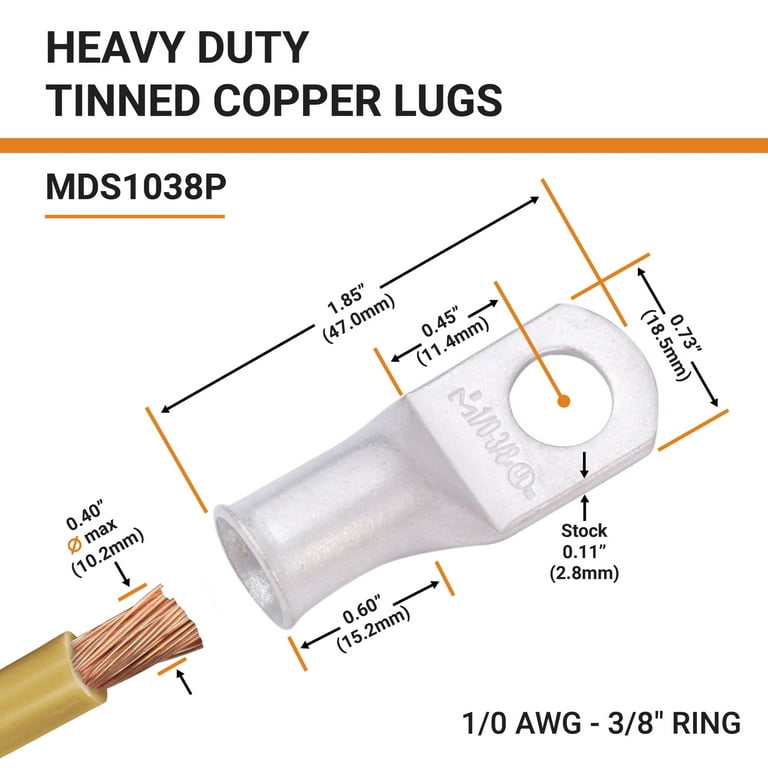 Battery Cable Ends, Lugs, Ring terminals, Connectors, Tin Plated Pure Copper 2 Gauge AWG 3/8 inch (M10) LUG-2-38
