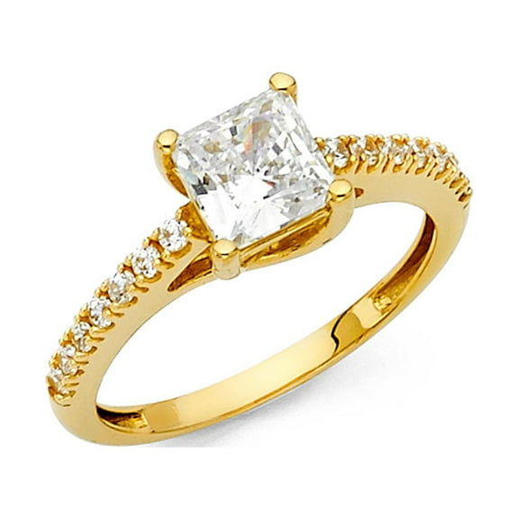 14k Yellow Gold Princess Engagement Solitaire CZ Ring Anniversary Square CZ Band Side Stones Size 7
