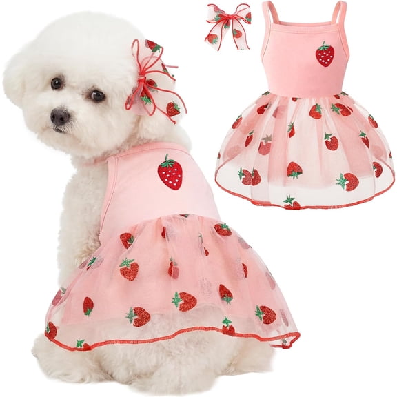 Cute Dog Dress Clothes for Small Dogs Girl with Strawberry Embroidery Soft Princess Puppy Small Cat Dog Clothes Outfit for Yorkie Daily Wear & Party, M