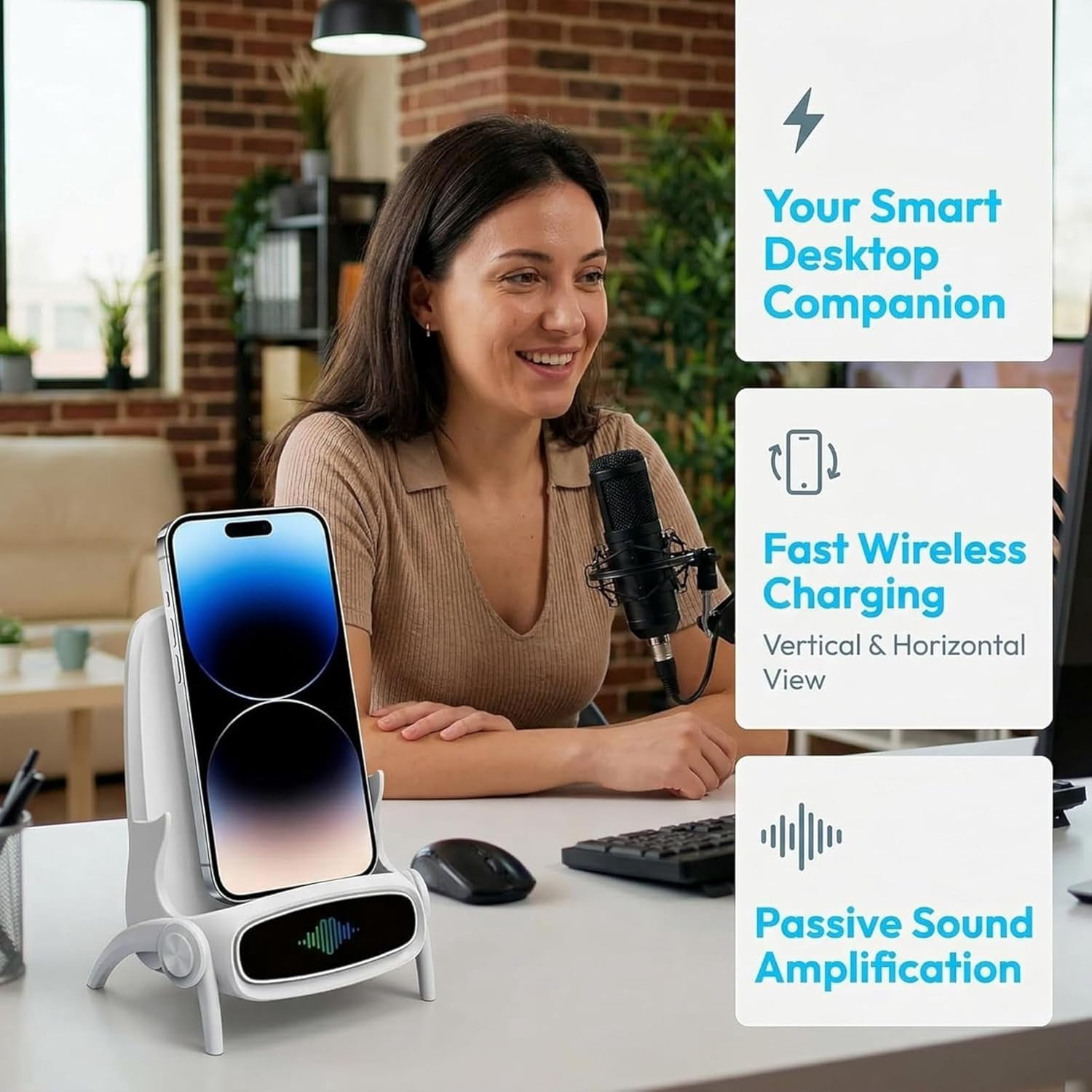 Mini Chair Wireless Fast Charger Multifunctional Phone Holder, 2026 New Wireless Fast Charger Phone Stand with Speaker, Charging Station Amplifier Mobile Phones Holder Stand (White)