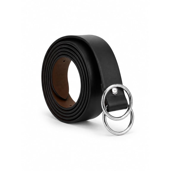 Kerinzo - Minimalist Black Leather Belt with Double Silver Ring Buckle – Modern Adjustable Waist Belt for Casual & Formal Wear for women
