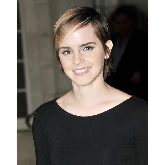 Emma Watson Short Hair Smiling Portrait Black Top 24x36 HD Aluminum Wall Art