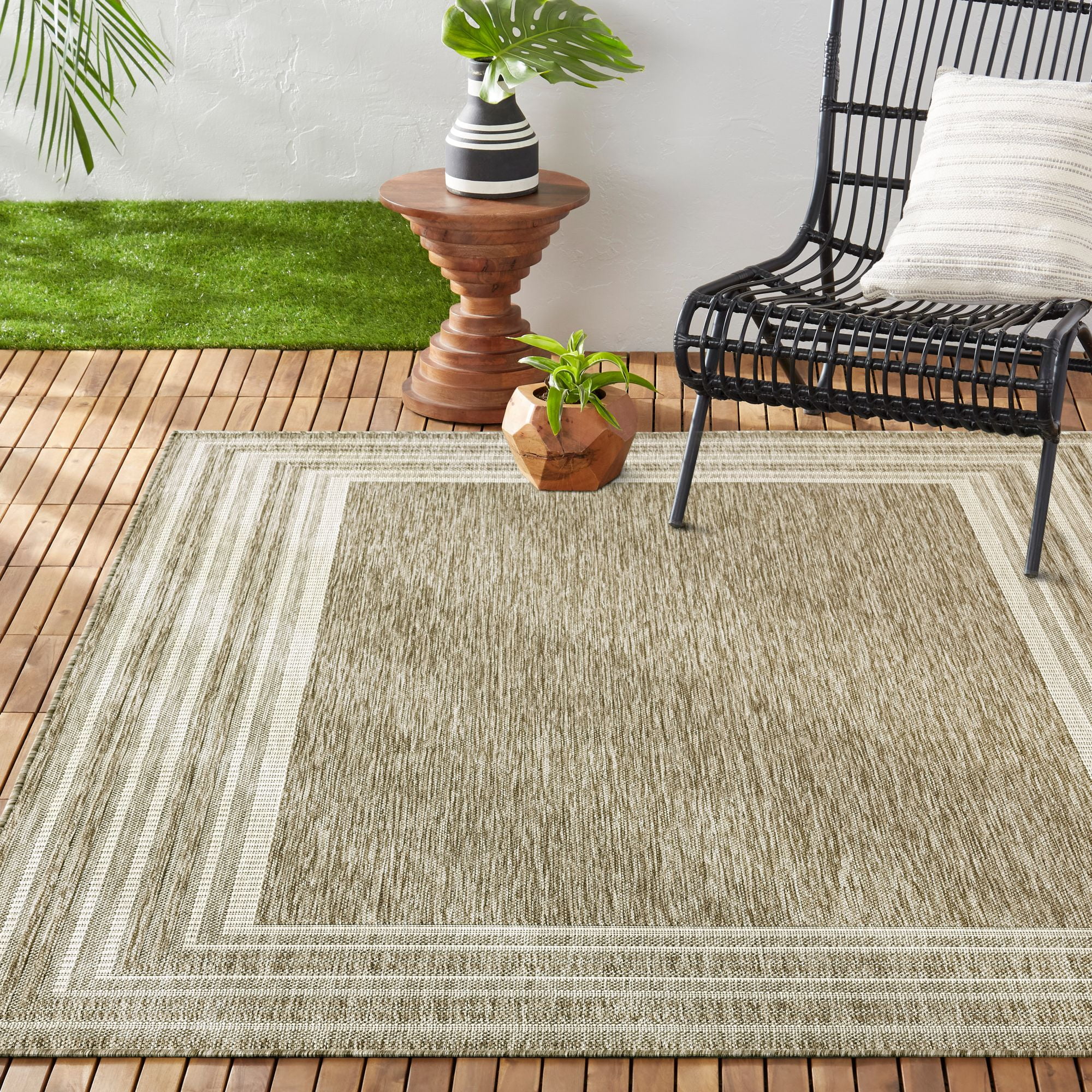 Nicole Miller New York Patio Country Layla Modern Border Indoor/Outdoor Area Rug, Taupe/Ivory , 7'9"x10'2"
