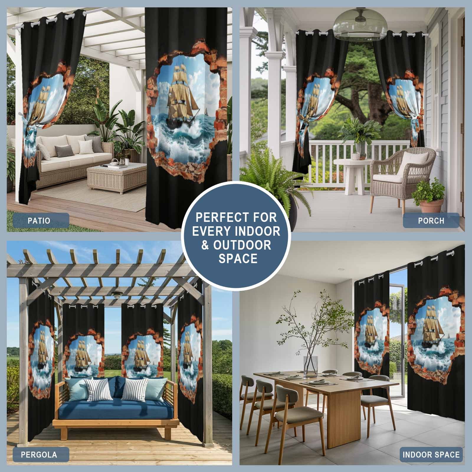 Sailing Ship Outdoor Curtains for Patio, Art Romantic Broken Brick Vintage Vessel Ocean Wave Sunshade Privacy Drapes Grommet Waterproof Outside Curtains for Porch/Cabana/Balcony 54"x 108", 1 Panel