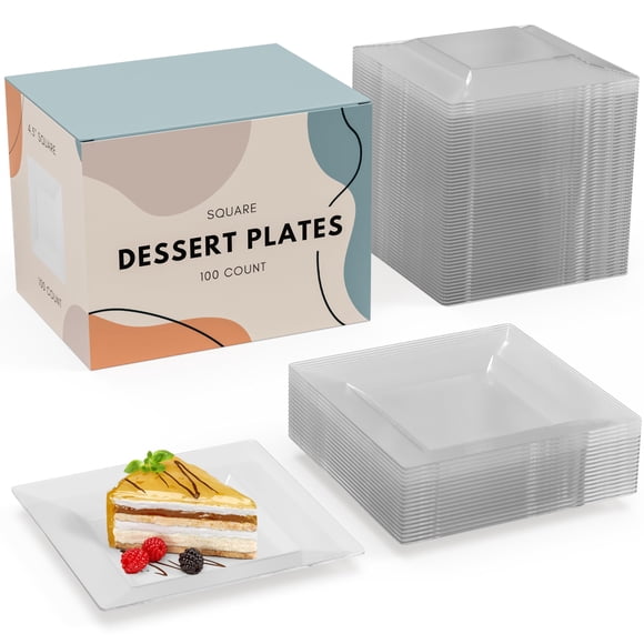 Exquisite Mini Disposable Appetizer Plates - 100 Pack 4.5" x 4.5" Crystal Clear Plastic Dessert Plates - Elegant Design for Weddings, Birthd