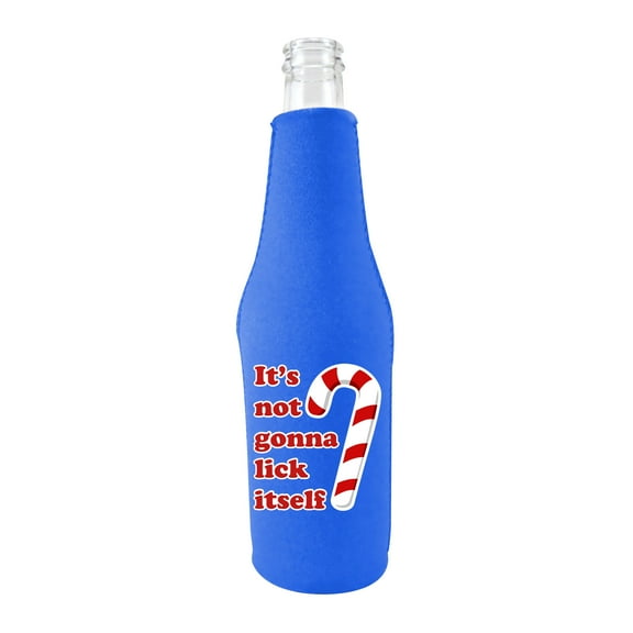 It's Not Gonna Lick Itself Candy Cane Beer Bottle Coolie (Royal Blue)
