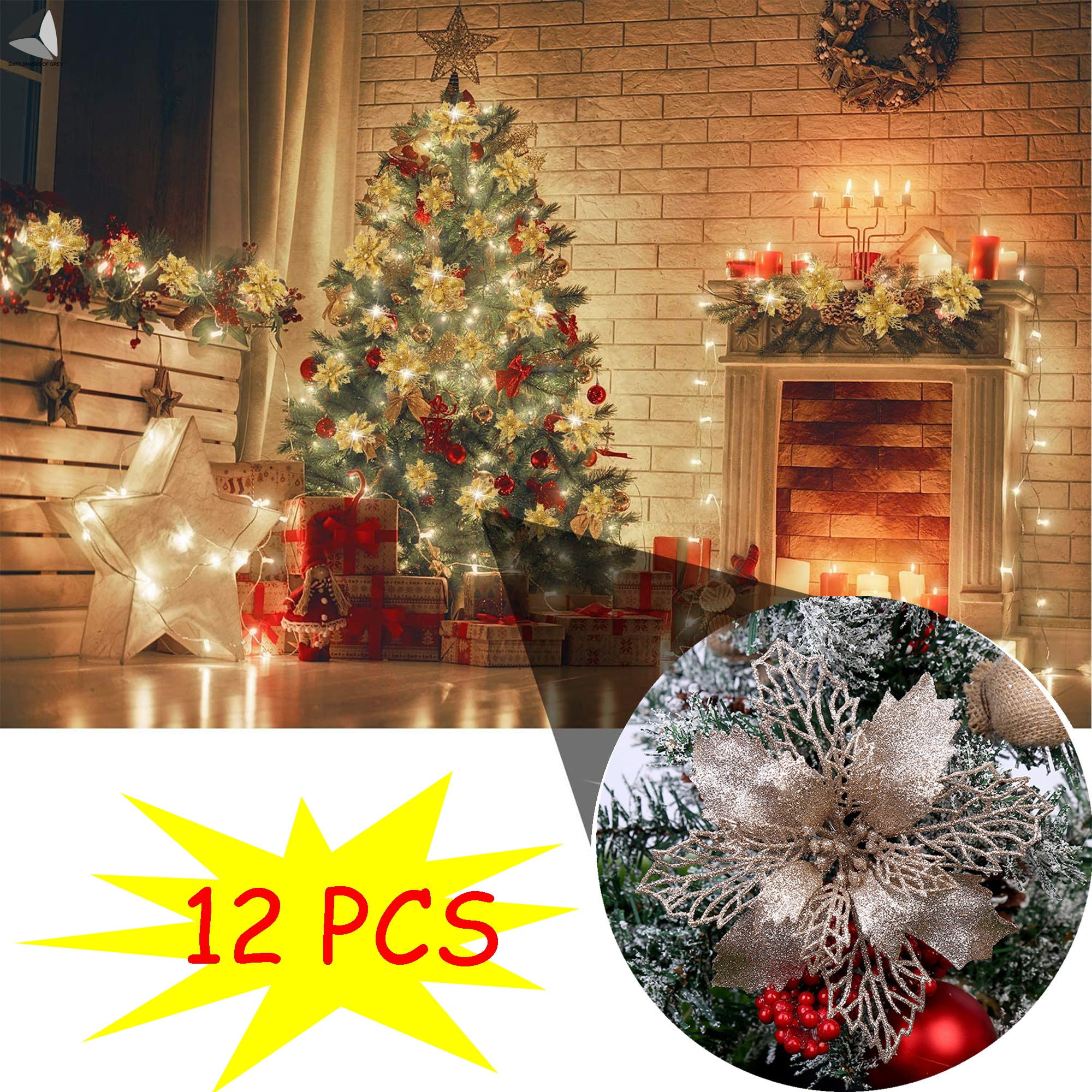 Zhenrui 12 pcs 6” Christmas Poinsettia Flower Glitter Poinsettia Tree Ornaments with Stems Champagne Artificial Flower Decorating Wreath Garland Great for Wedding Holiday and Home Decor