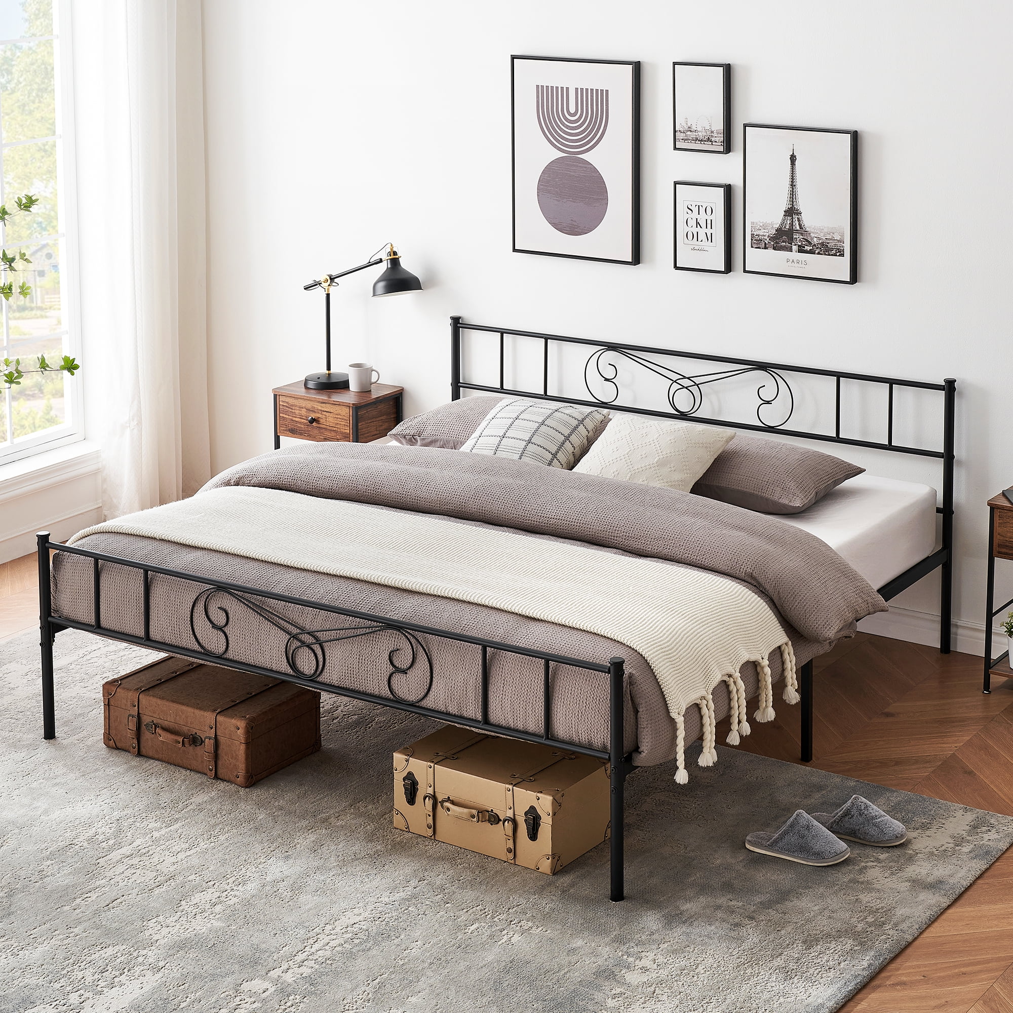 Senfot King Size Metal Platform Bed Frame - Minimalist Curved Iron Design, Heavy Duty Steel Slats, No Box Spring Needed, Black