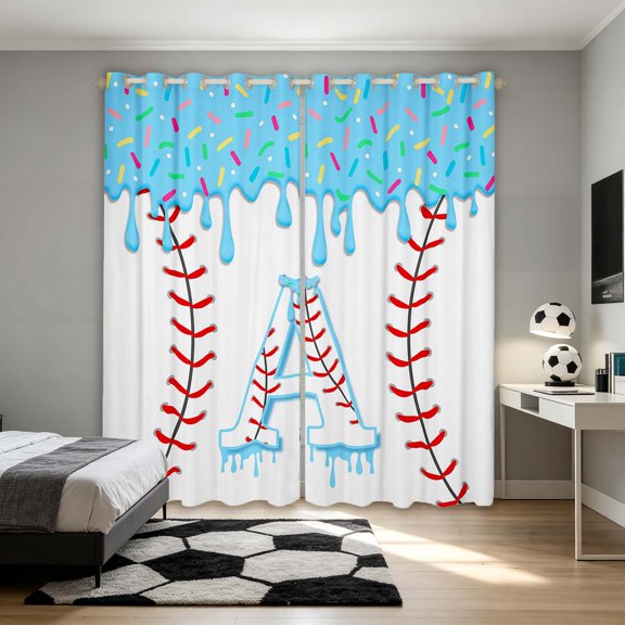 Manfei Cute Baseball Blackout Curtains, Cartoon Personalized Initial AWindow Curtains Pack of 2 (38x45 Each), Light Blue A