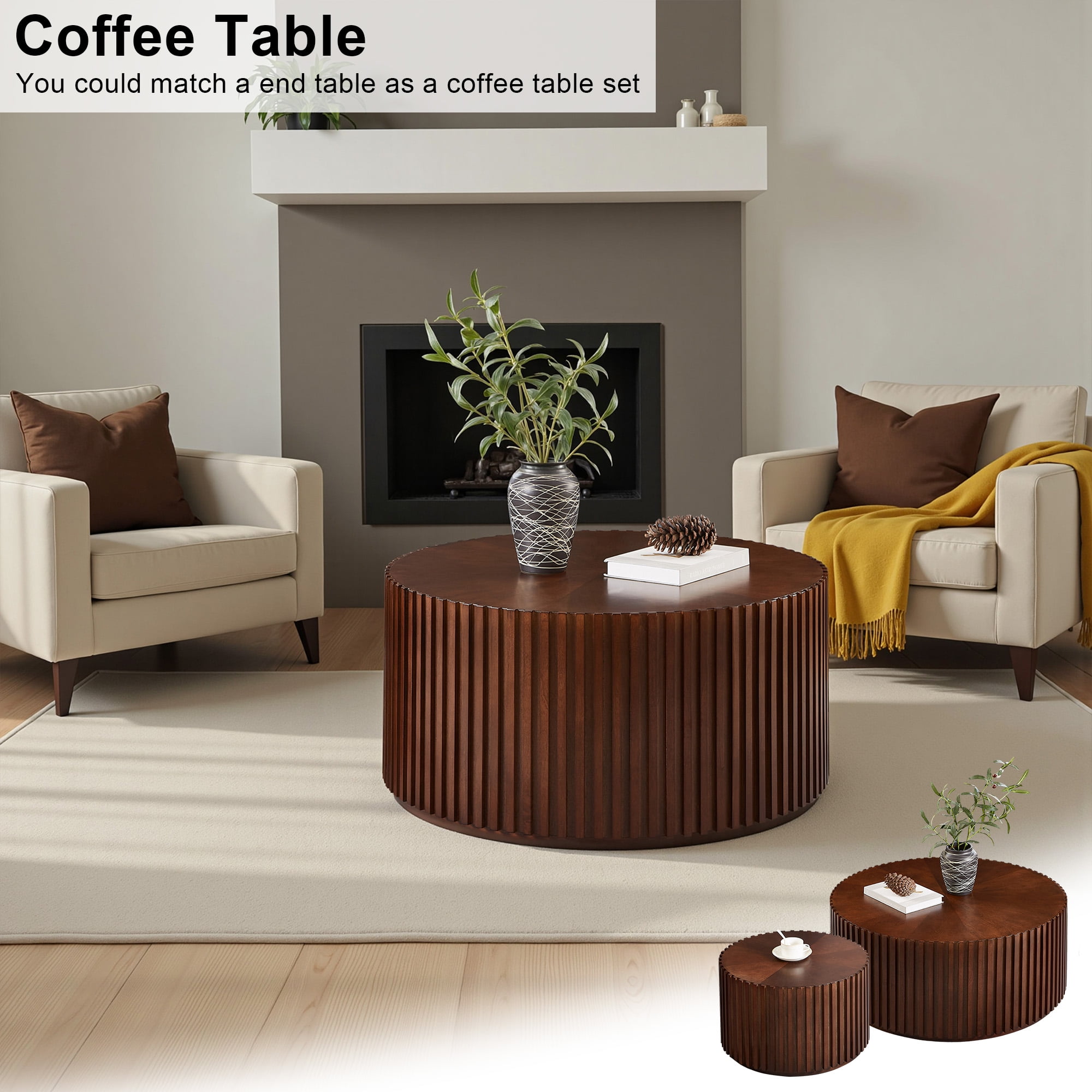 Gexpusm Round Coffee Table, Solid Wood Center Table for Living Room, Circle Drum Coffee Table with Handcrafted Relief, Walnut