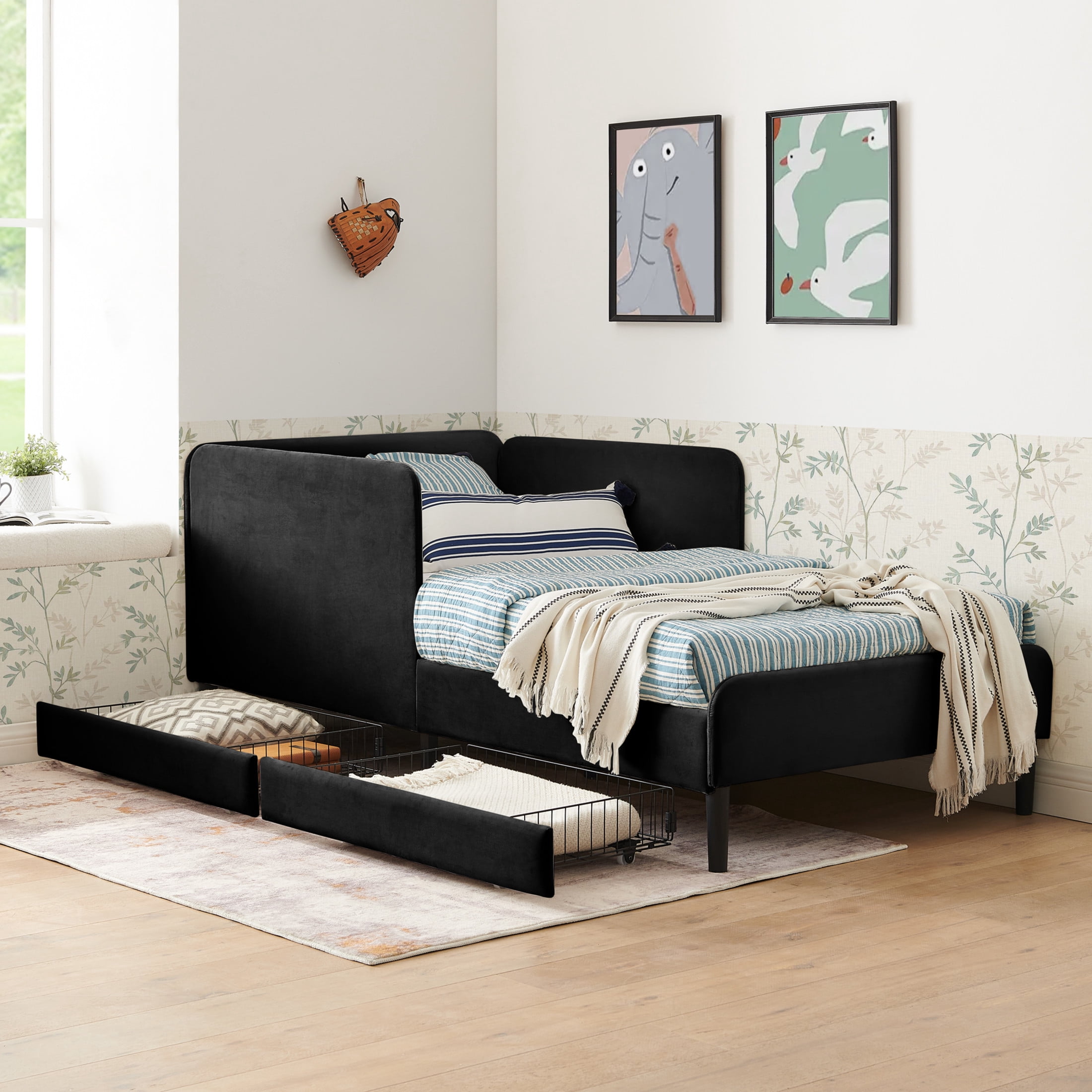 Noble House Haylie Twin Size Velvet Upholstered Daybed with Storage Drawers, Adjustable Daybed Sleeper Sofa, Black