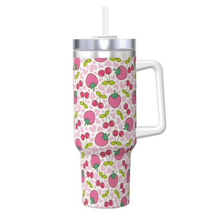 

Fuzoiu Strawberry And Cheery Print 40OZ Ice Bully Stainless Steel Insulated Cup with Handle and Straw - Perfect for Travel and Sports