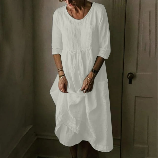 Robe Ample Décontractée d'Été pour Femme à Col Rond, Manches Mi-Longues, en Lin, avec Poches, Unie