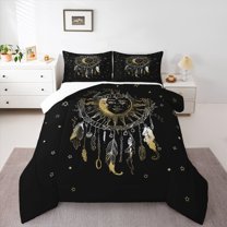 Homewish Moon Sun Stars 3 Pieces Queen Comforter Set for Female Men Adults,Bohemian Feather Dreamcatcher Ultra Soft Bedding Sets,Abstract Gradient Ombre Bedding Comforter Set Breathable