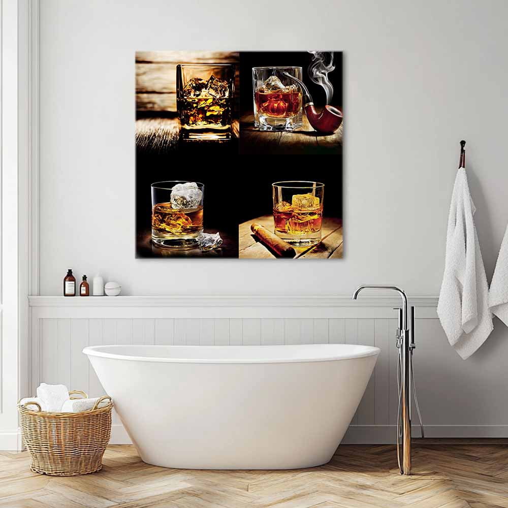 Whisky Glass Canvas Wall Art, Wine Cigars Old Wood Grain Ice Cubes Framed Wall Decor Modern Artwork Prints Painting for Living Room, Bedroom, Kitchen & Cafe Decor 28x28 Inch