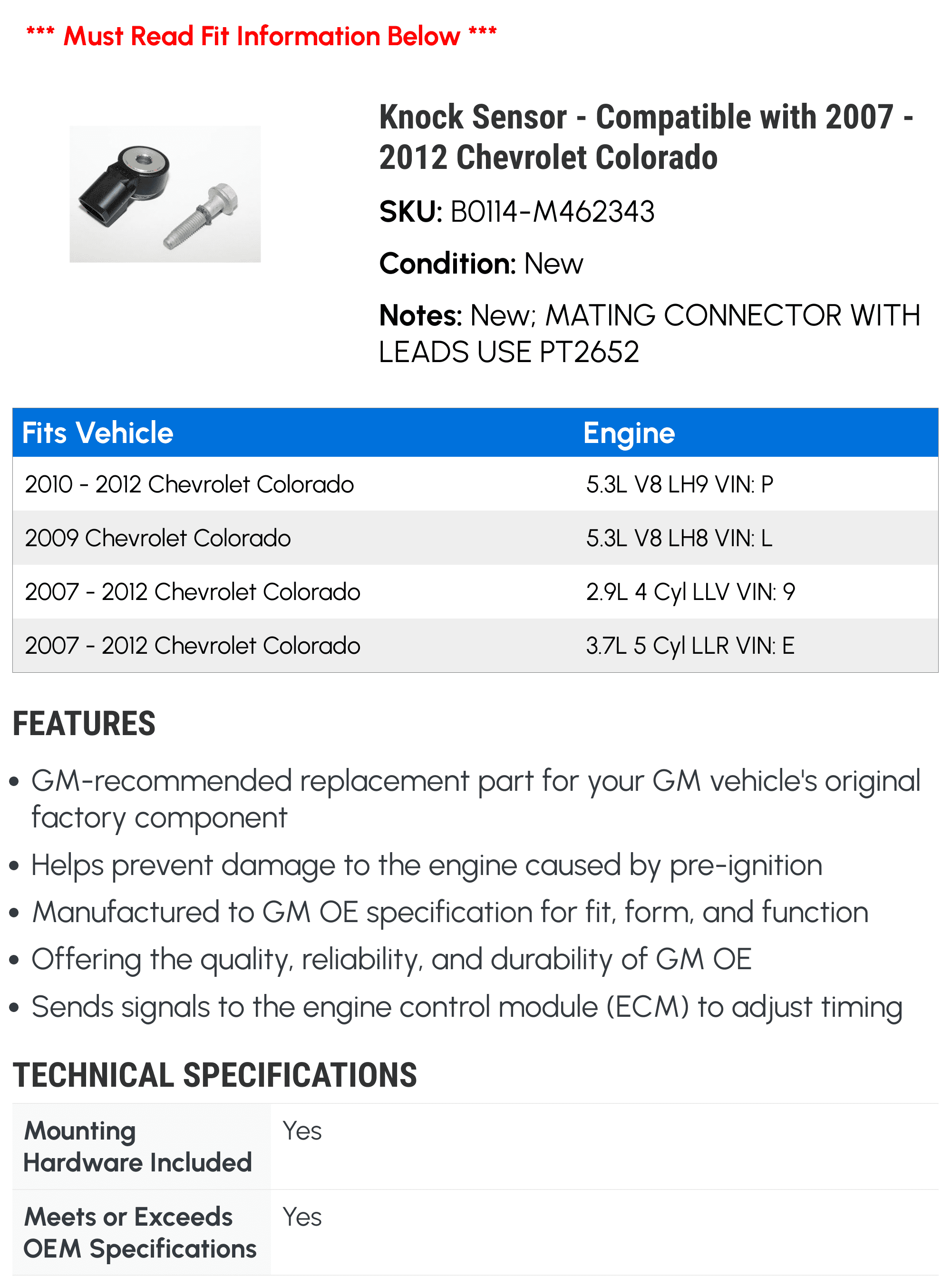 Knock Sensor - Compatible with 2007 - 2012 Chevy Colorado 2008 2009 2010 2011