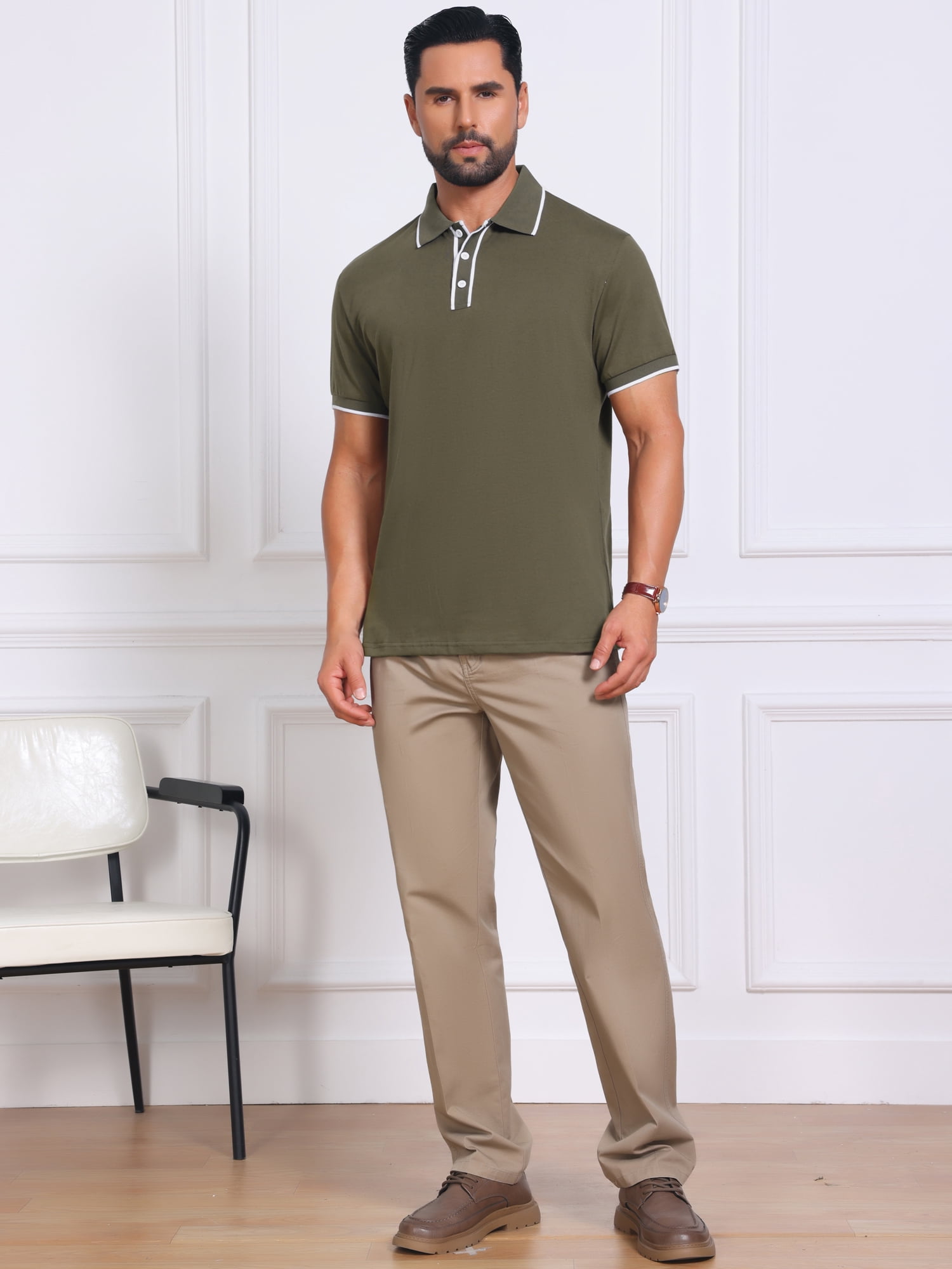 DARING DIVA Men's Contrast Trim Short Sleeve Button Closure Polo Shirts S Olive Green
