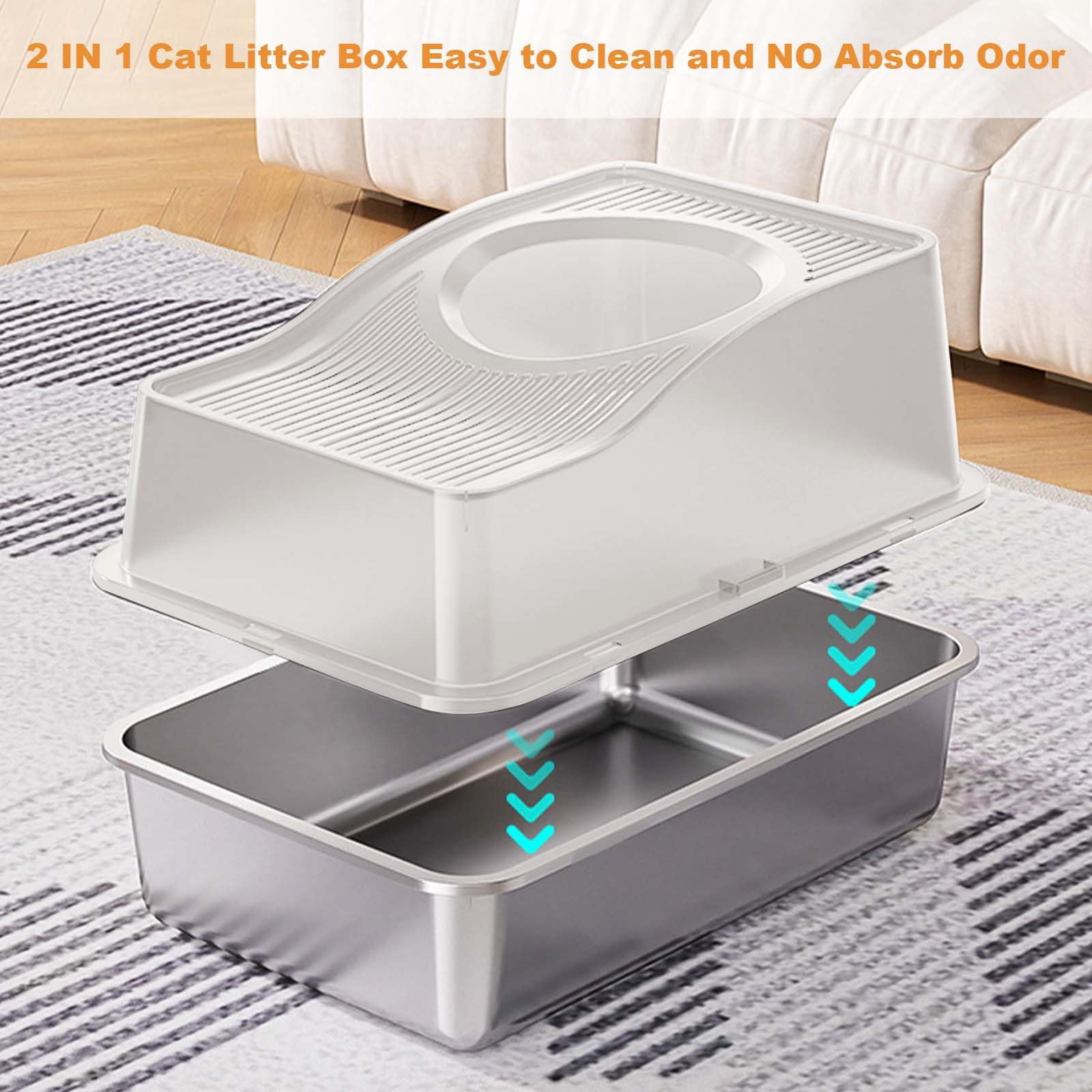 Yeshouse Stainless Steel Litter Box with Lid, Extra Large Enclosed Cat Litter Box for Big Cats, Anti-Leakage Metal Kitty Box with High Sided Enclosure Scoop Pedal & Non-Slip Mat Easy to Clean
