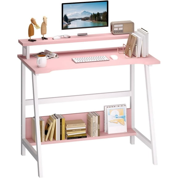 ALISENED Computer Home Office Desk,31.5" Desk for Small Spaces with Storage Shelf,Small Computer Desk with Monitor and Bookshelf,Modern Simple Style Laptop Desk,Pink
