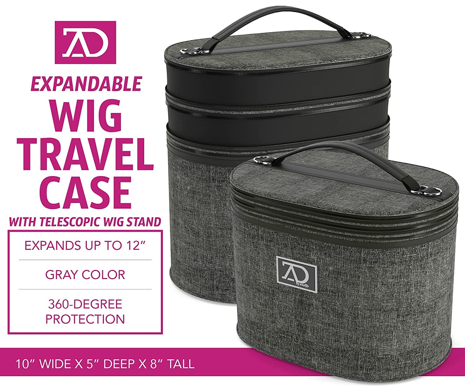 - 8 Inch to 12 Inch High Wig Travel Case Collapsible Wig Stand - Dome Foam Wig Head Stand in Zipper Carrying Case with Handle for Safe Traveling Storage of Wigs, Lace Front Cap(Denim Silver)