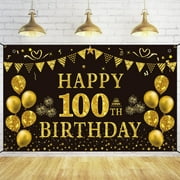 Trgowaul 100th Birthday Decorations MMF7for Men Women - Black and Gold 100th Birthday Backdrop Banner 5.9 X 3.6 Fts Happy 100th Birthday Party Supplies Photography Supplies Background
