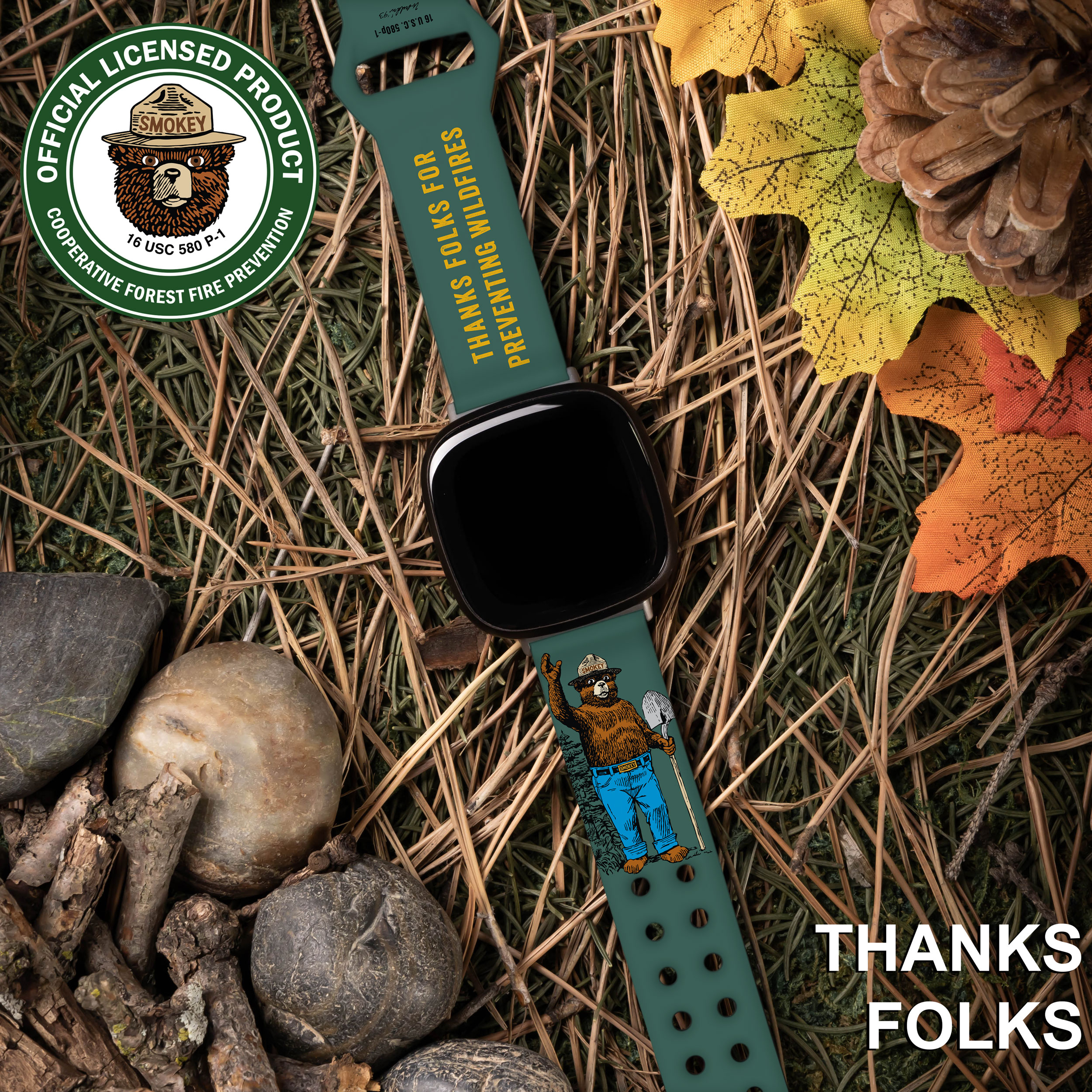 Smokey Bear HD Watch Band for FitBit Versa 3 & Sense (20mm Short Thanks Folks) by Affinity Bands