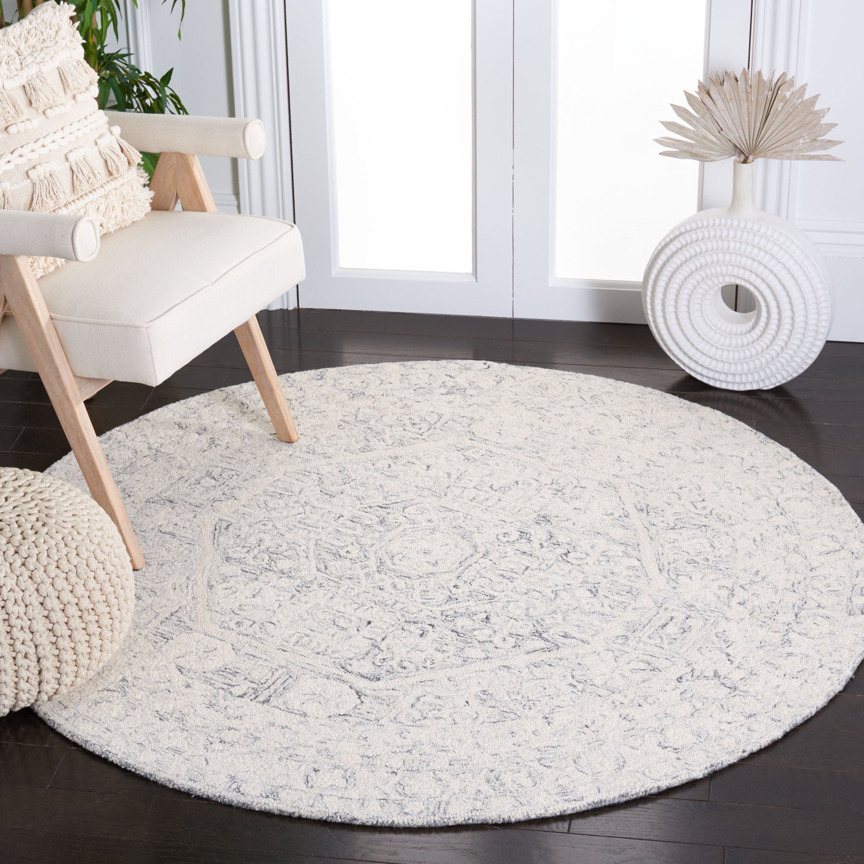 SAFAVIEH Micro-Loop Robina Floral Area Rug, Charcoal/Ivory, 3' x 3' Round