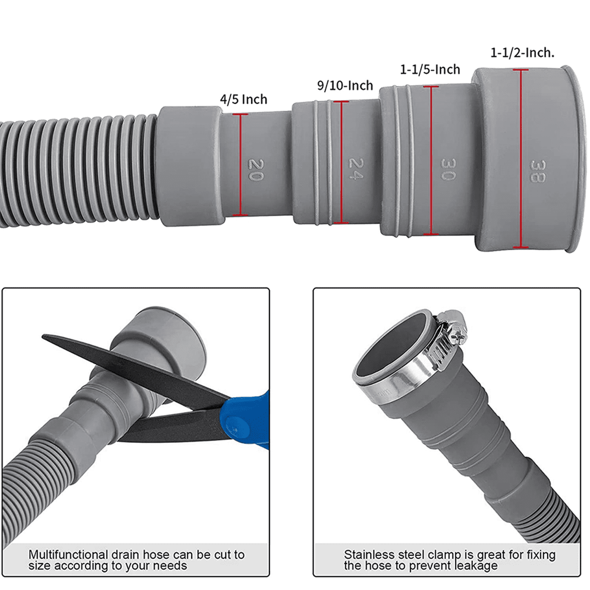 5X Drain Hose Extension Set Universal Washing Machine Hose 10Ft, Include Bracket Hose Connector and Hose Clamps