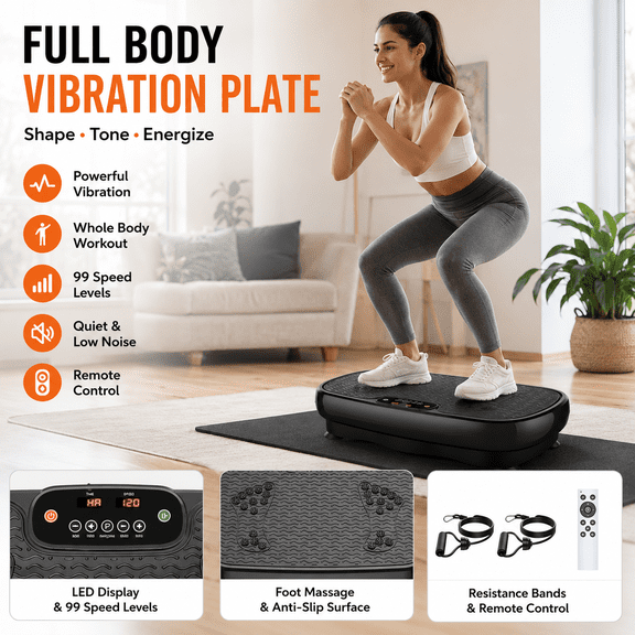 Innotech Sc Vibration Plate Exercise Machine with Resistance Bands & Remote Control, Full Body Workout Platform with 120 Speed Levels, Low Noise Fitness Trainer for Home Gym