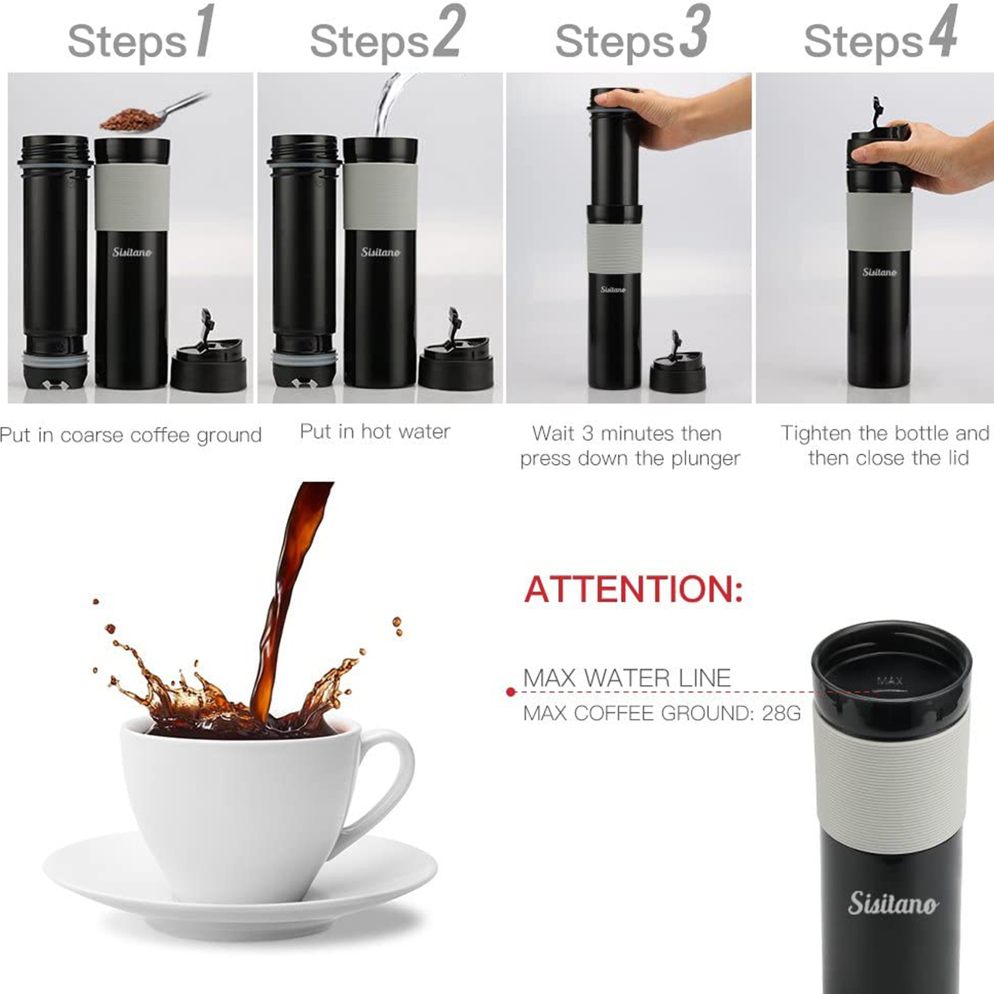  Sisitano 2in1 Travel French Press Coffee Maker, Portable 11.8  oz Tumbler Coffee French Press for Ground Coffee & Tea Leaves; Iced Coffee,  Cold Brew Tea, Coffee Mug for Trips, Camping, Work