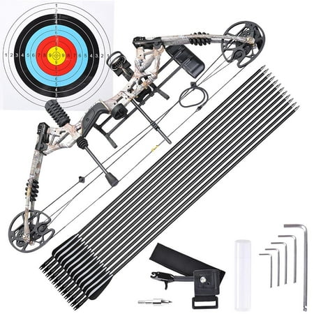 Pro Compound Right Hand Bow Kit w/ 12pcs Carbon Arrow Adjustable 20 to 70lbs Archery Set (Best Mid Level Compound Bow)