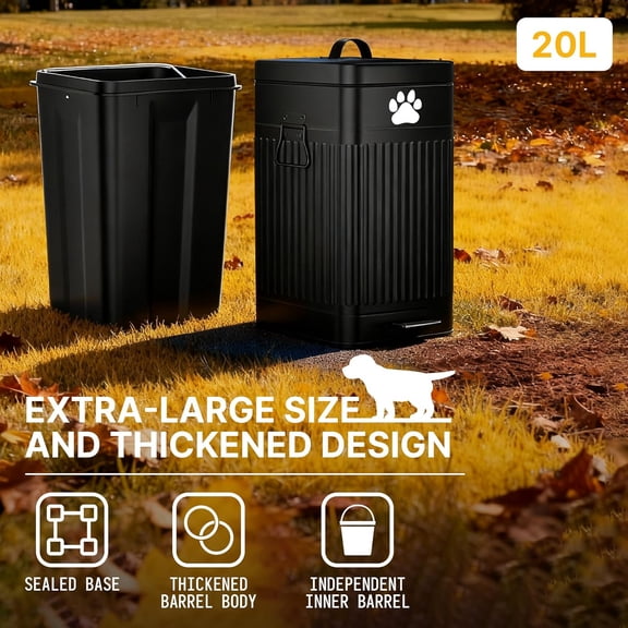 Dog Poop  Outside, 20L/5Gal Metal Outdoor  with Lid, Foot Pedal, Dog Waste Container with 20 Bags, Pet Poop Bucket with Soft Close for Backyard Odor Control, Rectangular Black