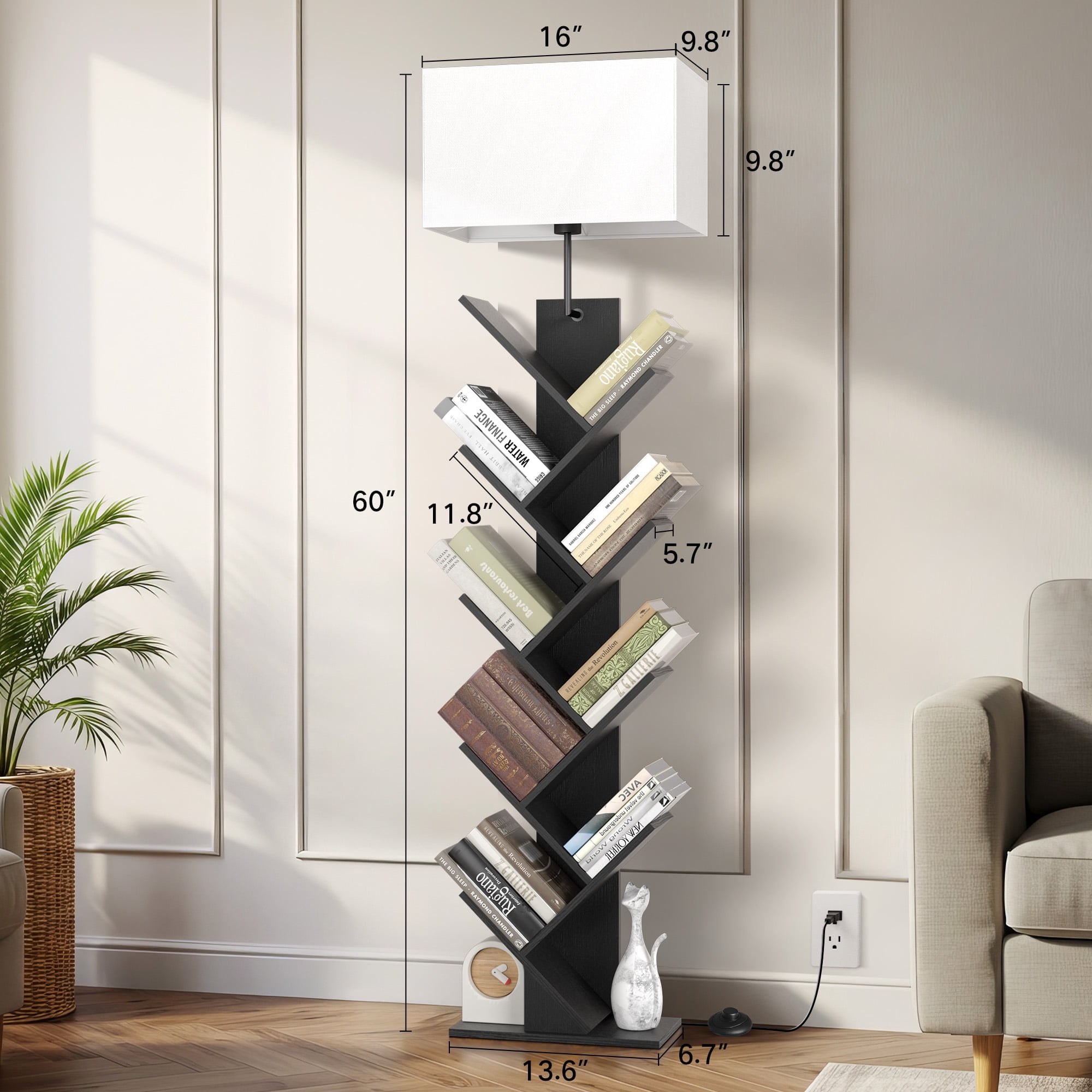 OUTONLIFE Floor Lamp with Shelves,Tree Bookcase with Light, 9-Tier Floor Standing Bookshelf for Living Room Bedroom, Office,Black