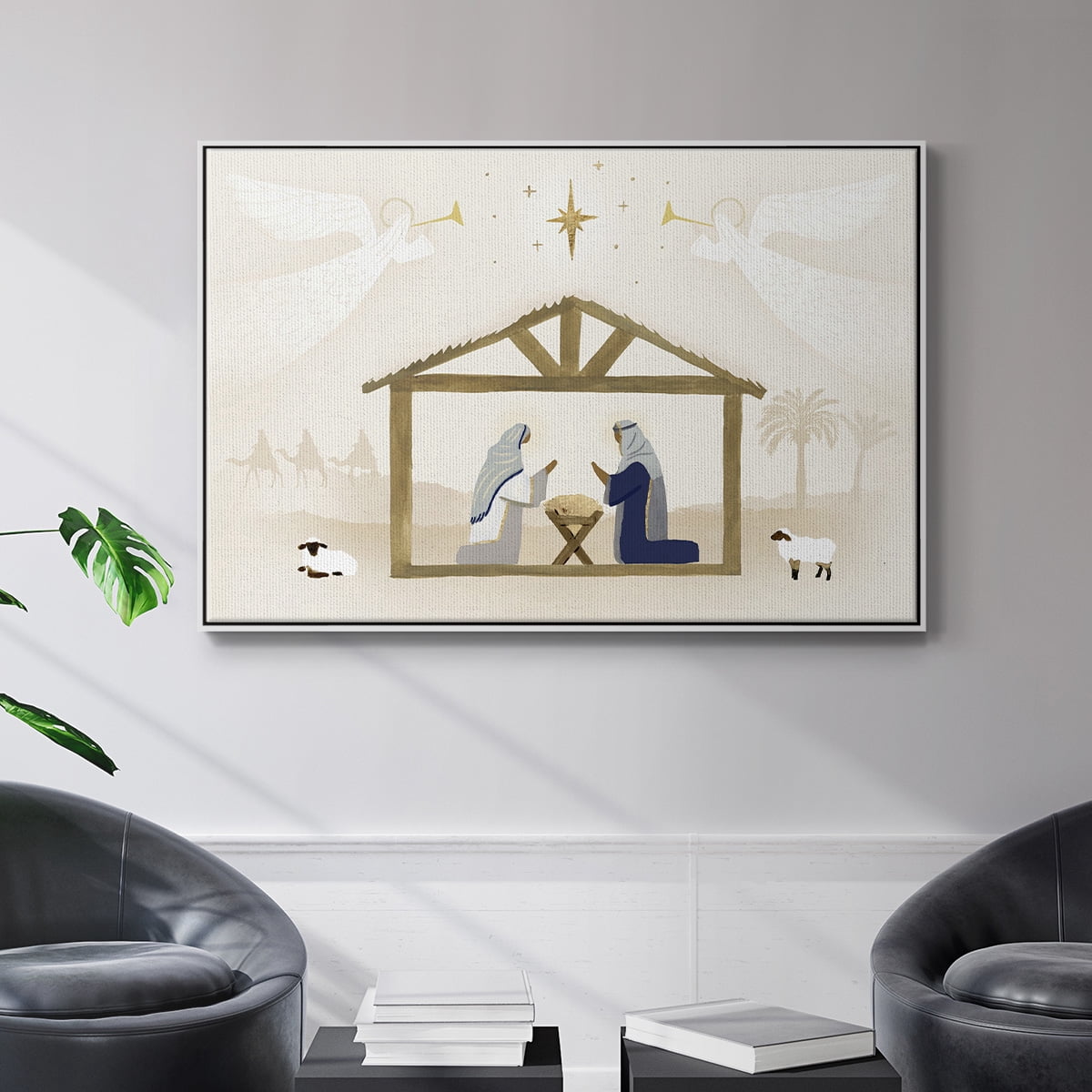 Away in a Manger Collection A - Framed Gallery Wrapped Holiday Canvas - 17 x 25 - White Frame