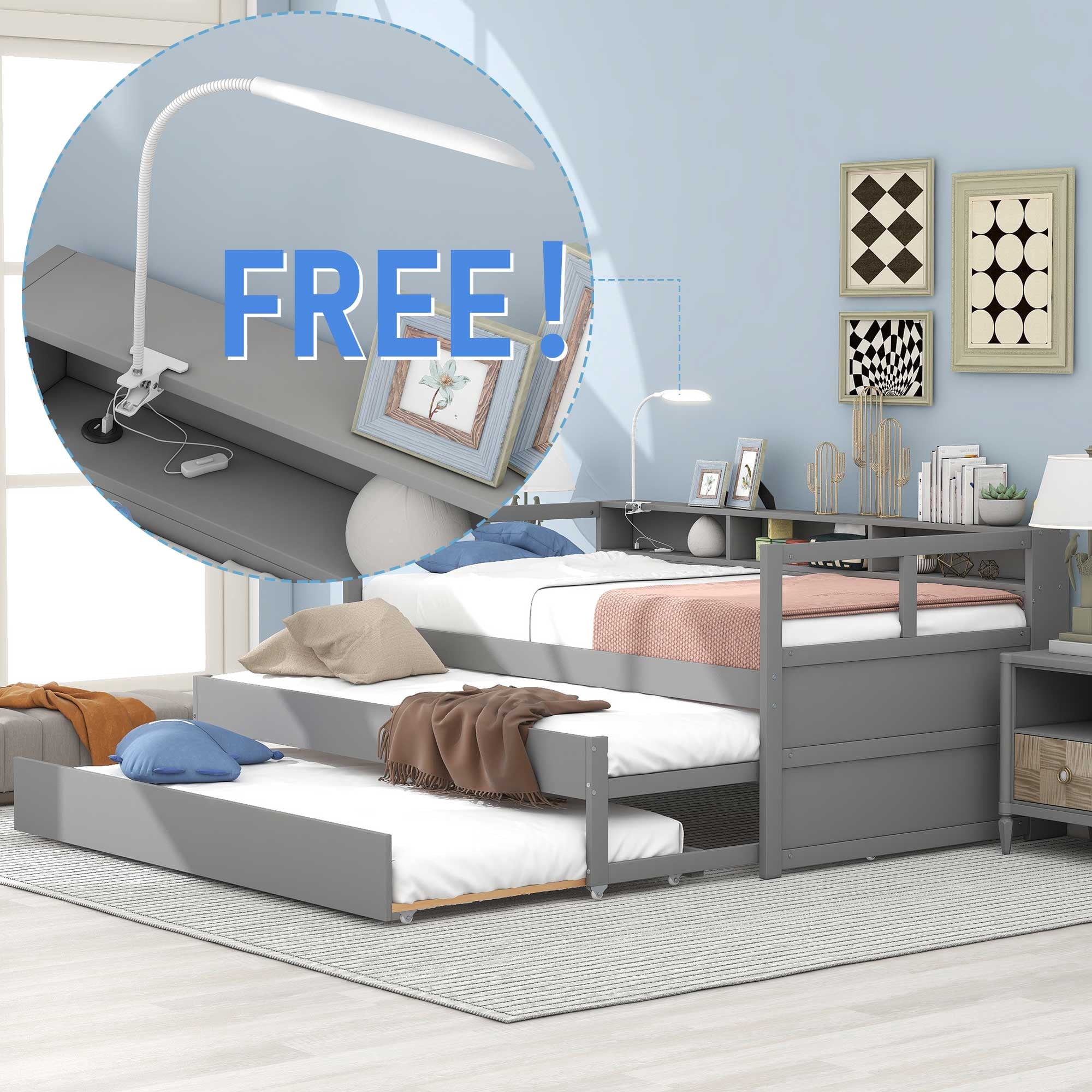 EUROCO Twin Size Platform Bed, Convertible Daybed with Light and USB Charging, 3 Beds in One, Gray