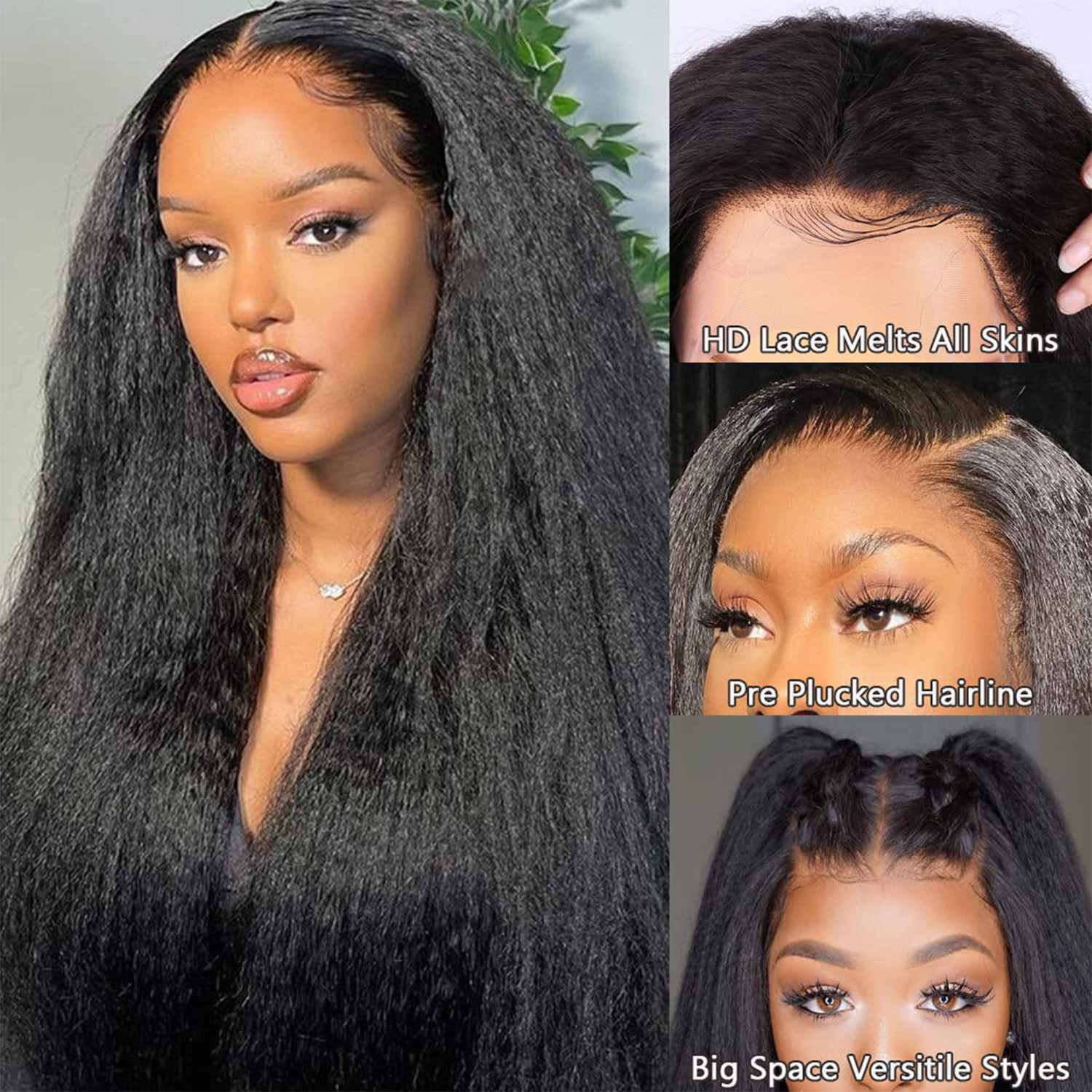 Peluca de encaje completo 360 con correa invisible, cabello humano, densidad 180, encaje frontal 360 precortado, kinky lacia, sin pegamento, con cordón ajustable para mujer 2