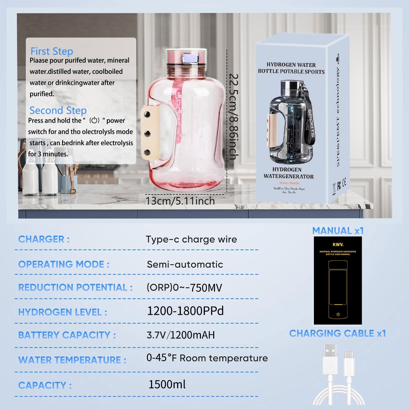 50oz Hydrogen Water Bottle, 1.5L Portable Sports Ionizer with Handle and Shoulder Strap