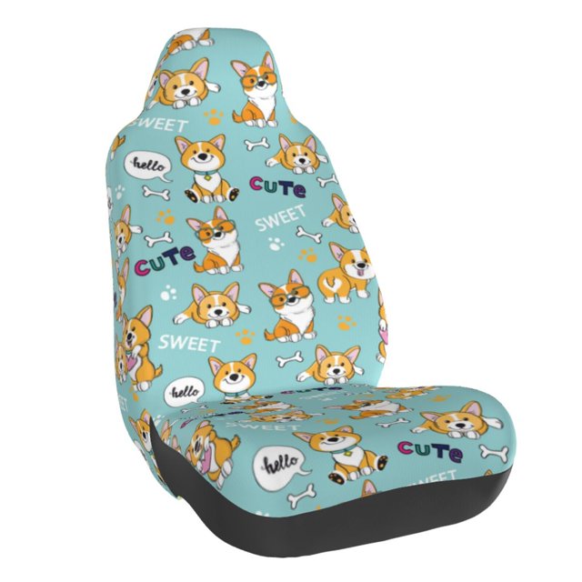 Wukai Cute Dogs Corgi Full Set Car Seat Covers with Soft Padding Universal Auto Front Seats Protector and Cushion Mat