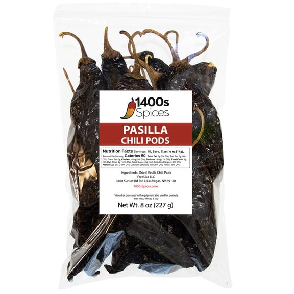 8oz Pasilla Negro Chilaca Dried Whole Chile, Largo Chili Seco Pods by 1400s Spices