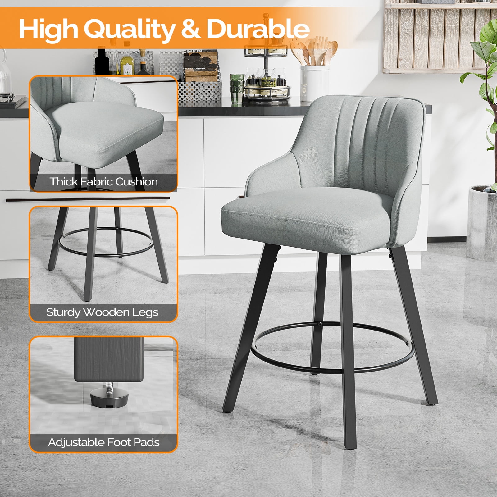 Ktaxon Swivel Bar Stools Set of 2, 35" Counter Height Adjustable Fabric Bar Stools for Kitchen Island, Modern Gray
