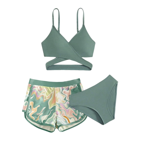 Bosanter Girls Swimsuit 3 Piece Bathing Suit Criss Cross Cute Ruched Bathing Suit with Shorts, AG 14Y