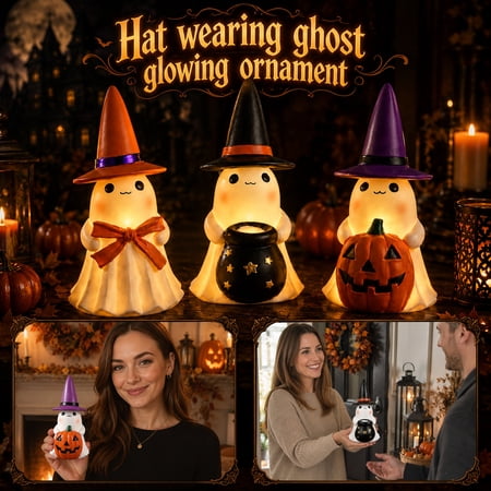 Indoor Halloween Decor Halloween Ghost Decor Cute Night Light Halloween Decorations for Home Purple Pointed Hat Ghost Figurine with Pumpkin Light Up Glowing Small Night Light