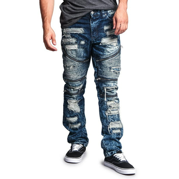 terras Bewust worden Speciaal Victorious Men's Distressed Wash Slim Fit Moto Pants Biker Jeans - Dark  Indigo - 38/32 - Walmart.com