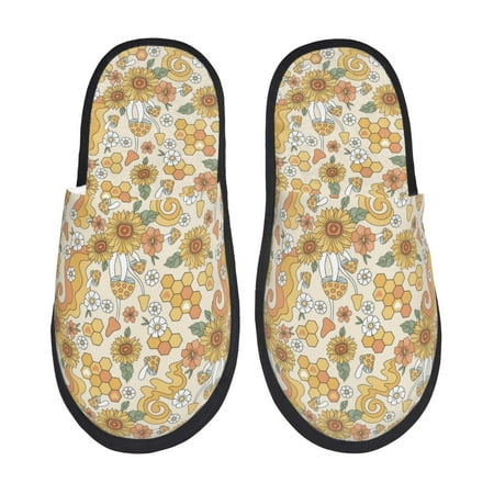 

Qekee Retro 70s 60s Flower print Slippers for Women and Men Fluffy Cute Cozy House Slipper Funny Furry Bedroom Slippers for Women Indoor -Large