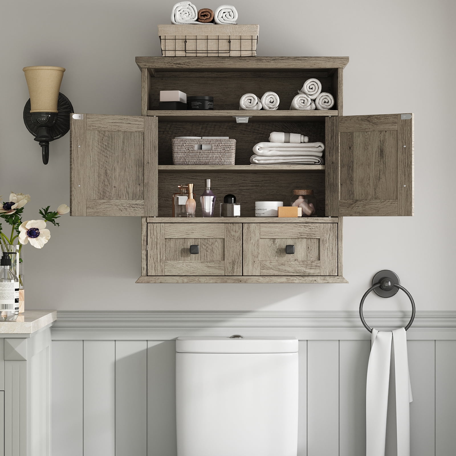 IDEALSOUL Wall Bathroom Storage, Bathroom Medicine Cabinet with Double Door Wall, Two Drawers, Adjustable Shelves, Gray