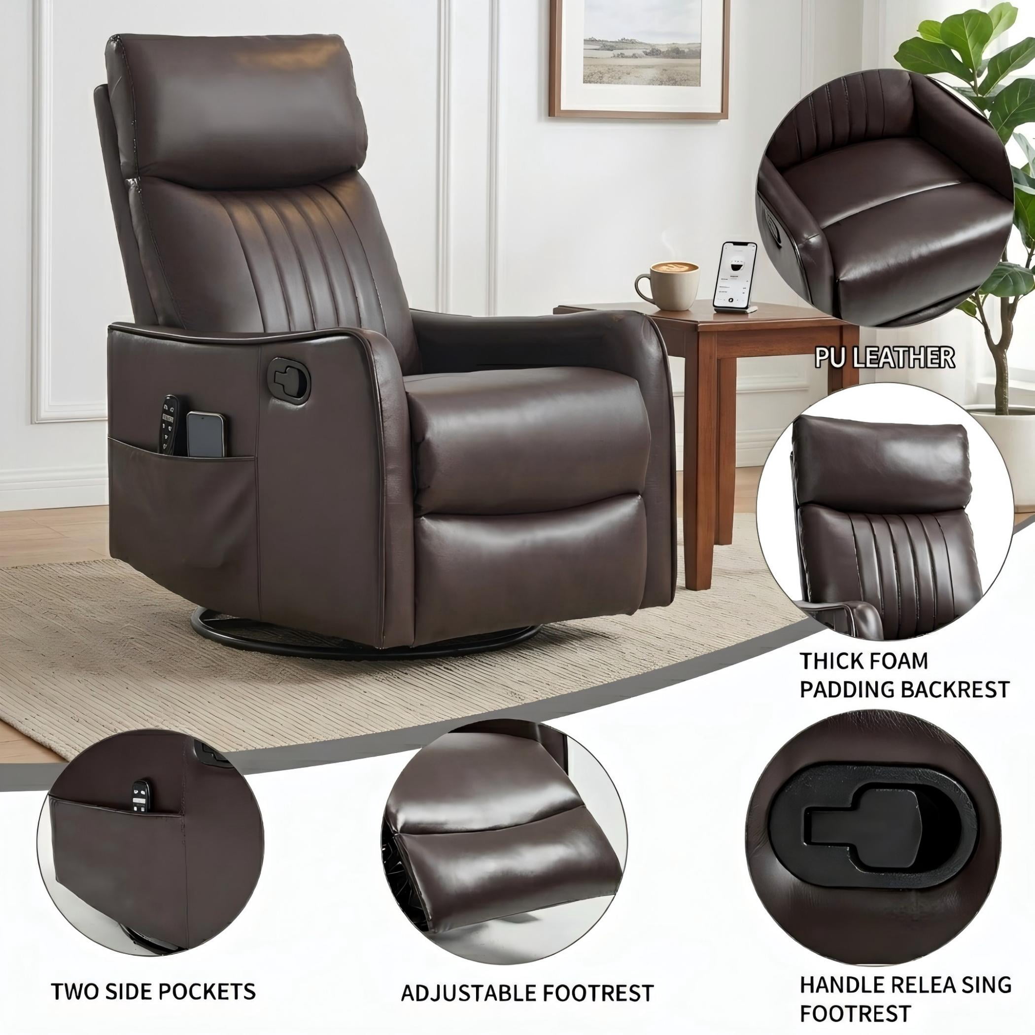 Aukfa Massage Recliner Chair with Heat, Faux Leather 360° Swivel Rocker Recliner, Overstuffed Manual Reclining Glider Chair with Vibration, Espresso