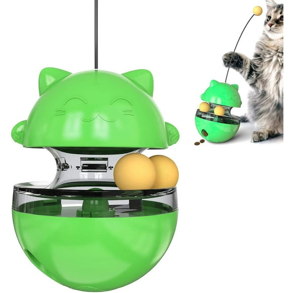 Jouet Chat 4 en 1, Balle Interactive Chat avec Double Boule, Interactif pour Chat, Jouet Distributeur Croquette Chat Facile à Nettoyer, Jouet Interactif Chat avec Bâton pour Chat (Vert)