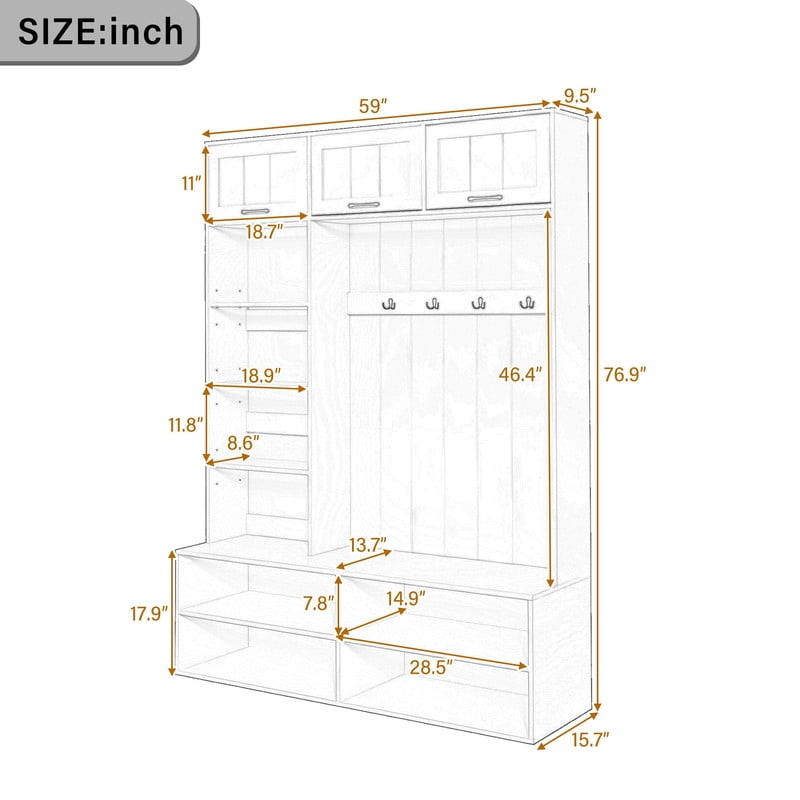 Farmhouse Hall Tree with Bench and Shoe Storage, 5-in-1 Entryway Bench with Coat Rack, Modern Entryway Storage Organizer Cabinet with 4 Hooks for Hallway, Entryway