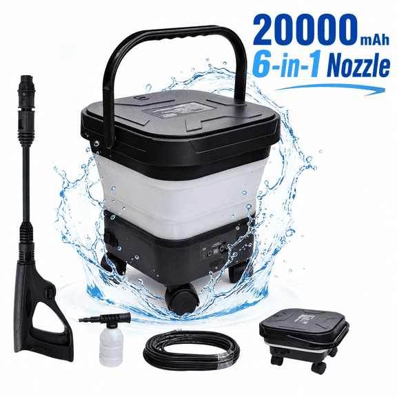 sunorchid Foldable Pressure Washer Electric Cordless w/3.4Gal Tank, 6-in-1 Nozzle, Max 580PSI, Portable Sprayer Washer for Car, Camping, Pet Cleaning, Garden