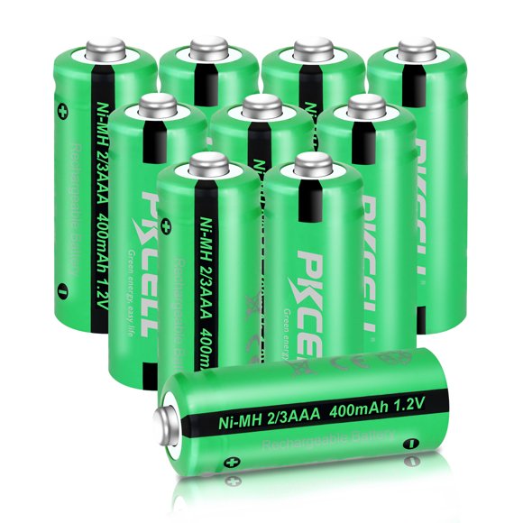 PKCELL 10-Pack 2/3AAA 1.2V 400mAh Ni-MH Rechargeable Battery Button Top
